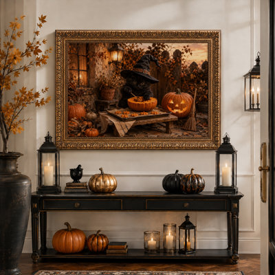 Black Cat Witch Hat Lit Jack-O-Lantern Halloween Canvas Wall Art