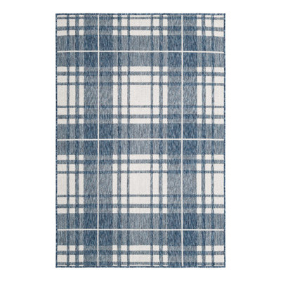 Tereon Plaid Machine Made Power Loom Polypropylene Plastic Indoor/Outdoor Area Rug in Blue/White