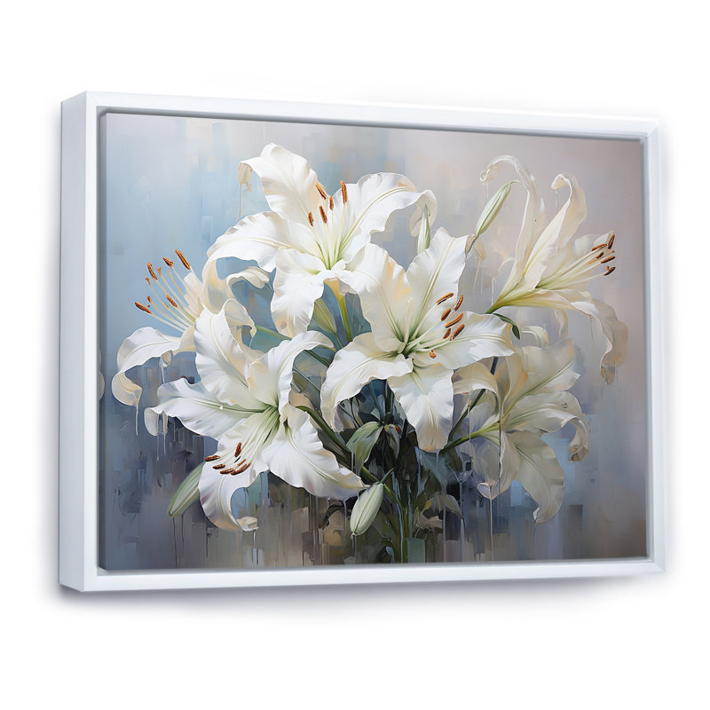 Lys blancs en fleurs - Art mural lys, H 30 po x l 40 po x P 1,5 po, Cadre flottant blanc