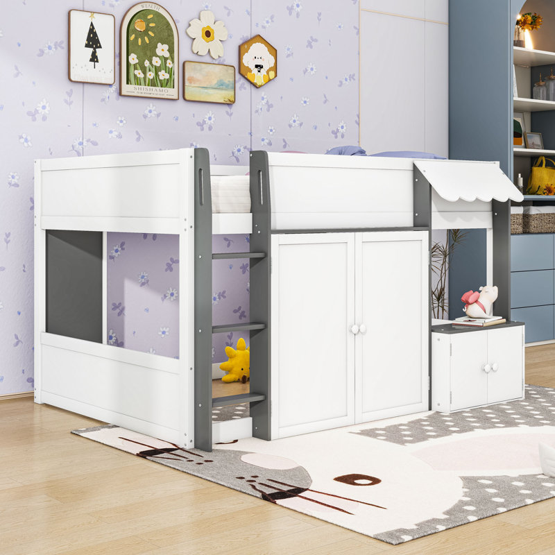 Lit mezzanine avec armoires de rangement, Blanc gris