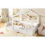 Lit simple au sol avec garde-corps et toit, lit pour enfant avec un petit plateau intégré et un panneau à installation libre-219528886-219528776
