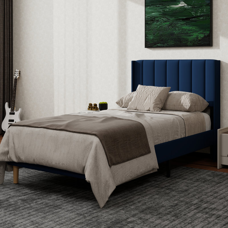 Structure de lit plateforme tapissier avec oreilles, Lit simple, Bleu
