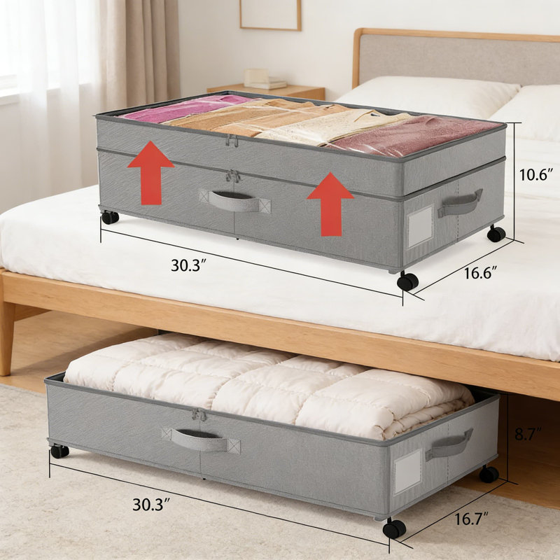 Under Bed Storage Containers With Wheels And Clear Lid - 2 Pack Adjustable Height Rolling Drawers For Clothes, Shoes, Toys, And Blankets
