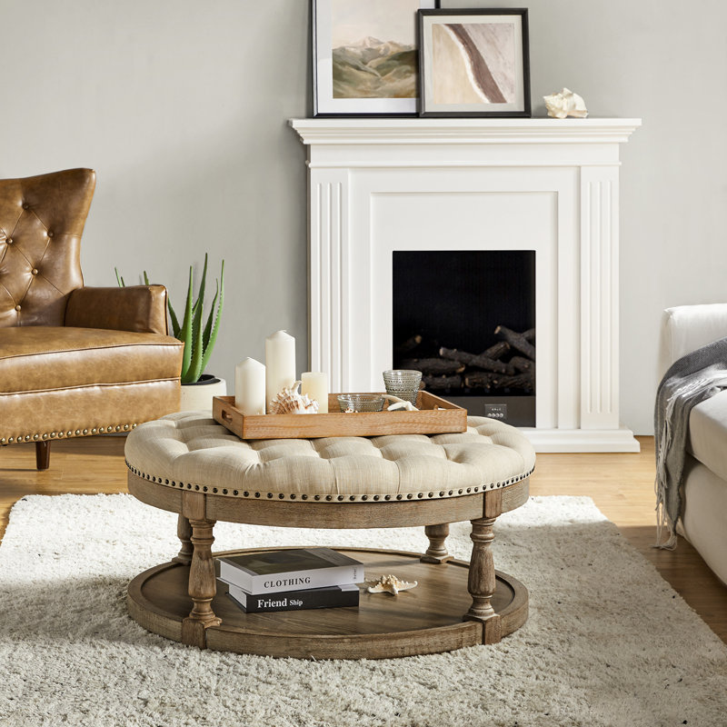 Deoïus 90.2cm Wide Transitional Tufted Round Cocktail Footstool with Storage, Linen