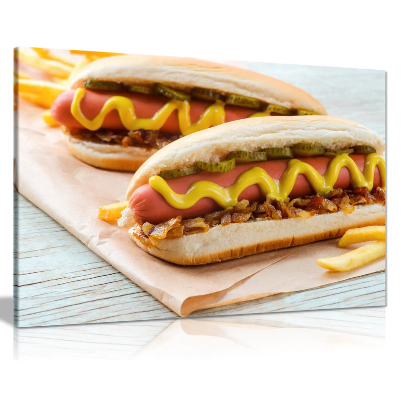 American Hot Dogs With Sausage Grilled Onions And Mustard Fast Food Takeway Canvas Wall Art Picture Print - Wrapped Canvas Print