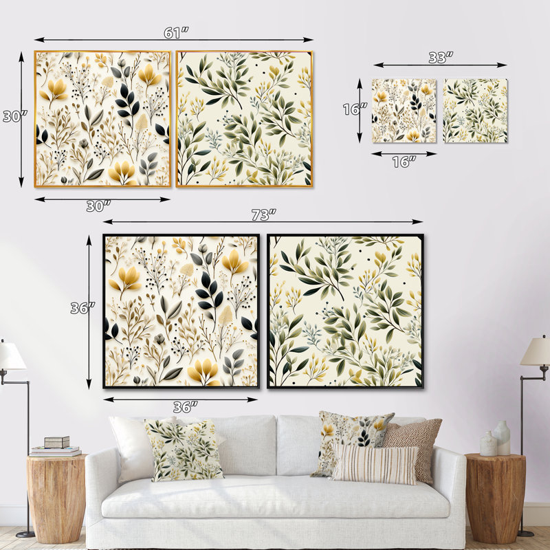 Watchet - Ensemble de 2 collages carrés floraux et botaniques, Cadre flottant doré, H 36 po x l 73 po