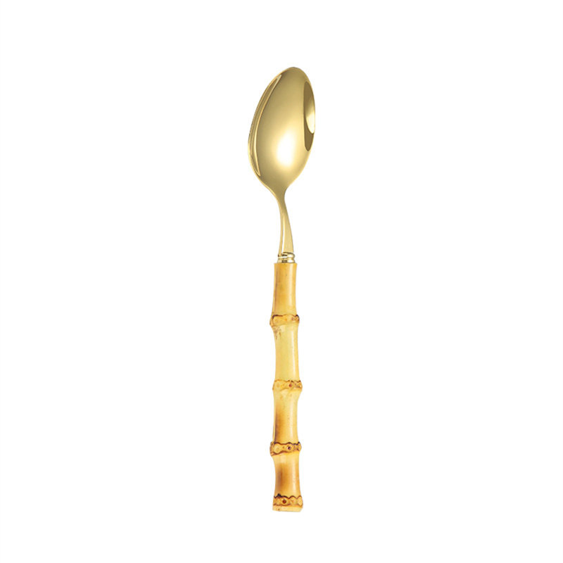 Ensemble 20 pièces de couverts en acier inoxydable avec poignées en bambou naturel - fourchettes à salade, couteaux à steak, cuillères à café