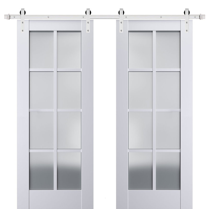 Porte de grange double robuste avec verre dépoli Veregio 7412 Blanc Soie, supports de rail de 4 m (13 pi), portes intérieures à panneaux pleins et lourds - 213 cm x 203 cm (84 po x 80 po) (2 x 107 cm x 203 cm) - Rail argenté