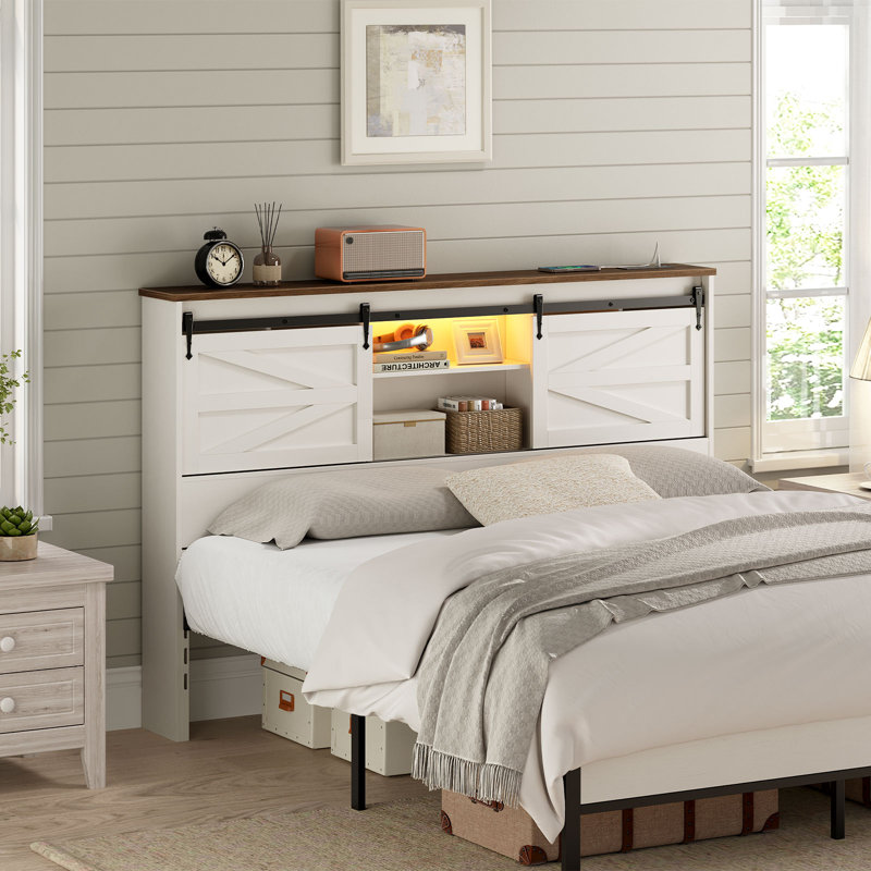 Naveena Queen Size Headboard with Charging Station and LED Light, White/Brown