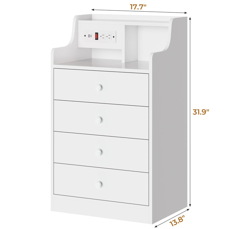 Nightstand With Charging Station, Night Stand For Bedroom,end Table With Hutch And 4 Drawers, White
