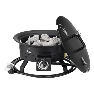 Foyer au propane, foyer d'extérieur au gaz portatif de 19 pouces de diamètre avec couvercle et pierres de lave, foyer de camping à hauteur de flamme réglable pour le chauffage, l'éclairage, la cueillette, 58 000 BTU, noir