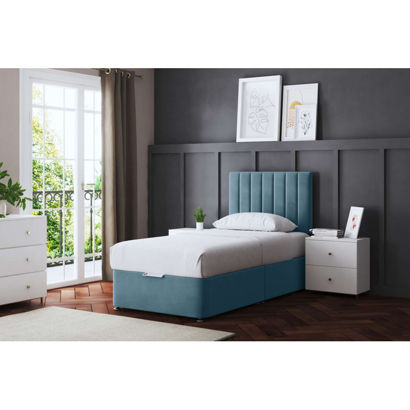  Upholstered Panel Divan Bed with Headboard, Blue, Small Single (2'6)