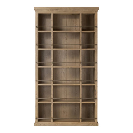 Wood bookcase with metal bar detail.