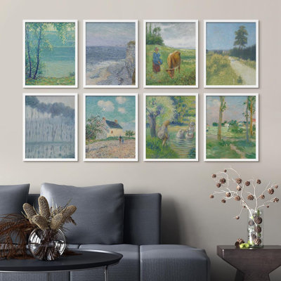 Affiches rétro, paysage de lac, arbres naturels, vache campagne, décor de cadre rustique, 8 pièces