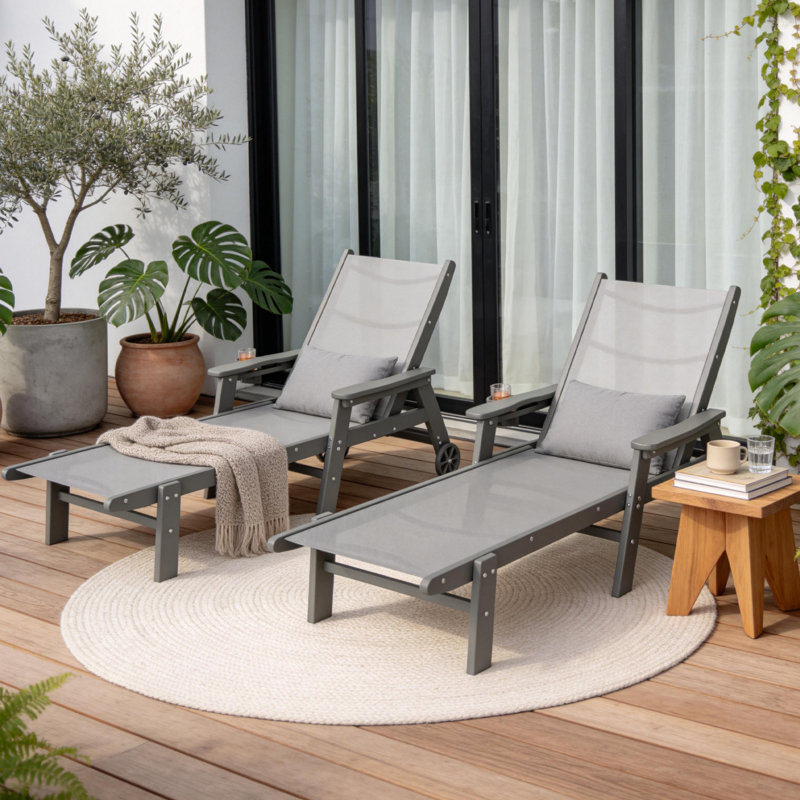 74" HDPE Reclining Chaise Lounge – 5-Position Adjustable with Cup Holder and Wheels, Gray