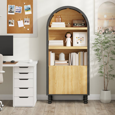 5 - Tier Arched Bookcase With Open Shelves And Cabinet