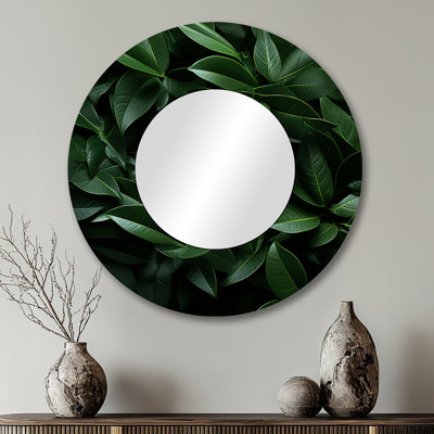 Tropical Robusta Palm Rhythms I - Botanicals Large Mirror, Modern Round Unique Wall Mirror Decor, Printed Metal Art