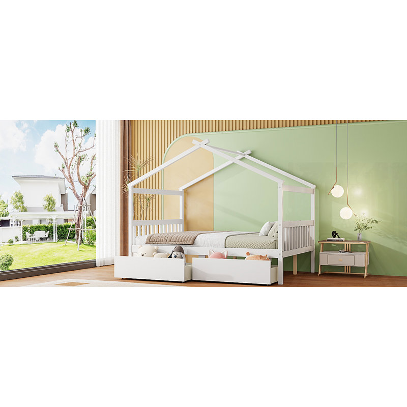 Lit en bois avec tiroirs, Complète , Blanc