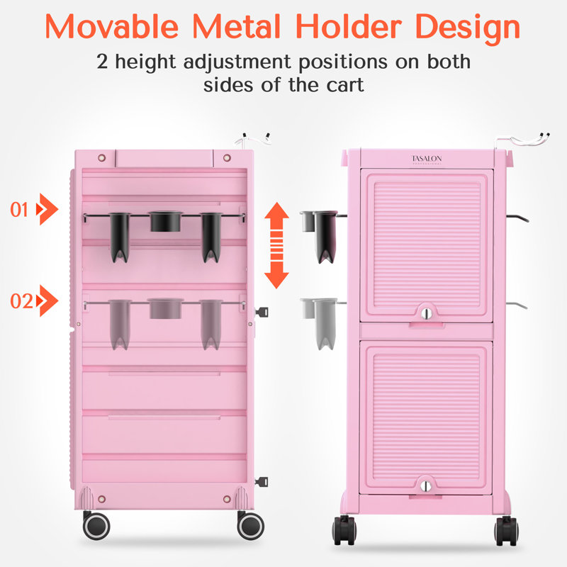33"H x 13.2"W Salon Trolley Utility Cart With Lockable Wheels, Pink