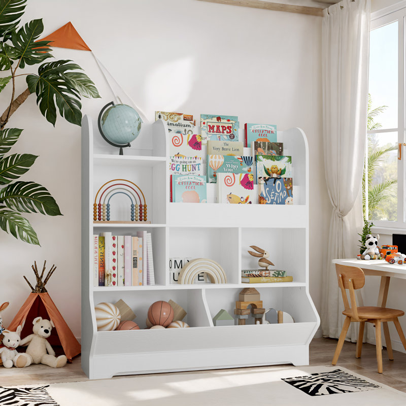 46.7"h X 42.3"w Toy Storage Organizer, Multifunctional Wood Bookcase With 4 Display Shelves And 7 Storage Bins, Cube Book Shelf  For Playroom, White
