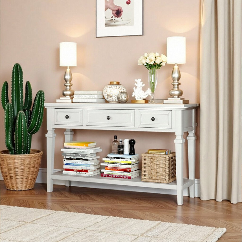 Console rétro 50 "avec 3 tiroirs et tablette, Blanc
