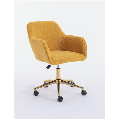 Fauteuil de bureau moderne pivotant sur 360 degrés avec des pieds en métal doré et des roues universelles, intérieur, jaune