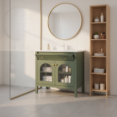 Meuble-lavabo 36 po Mid-Century avec verre à motif et bande lumineuse à capteur de mouvement