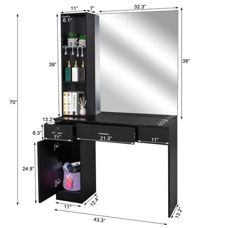 Wall Mount Barber Station With 2 Drawers 1 Storage Cabinet 3 Open Shelves With Mirror, Black