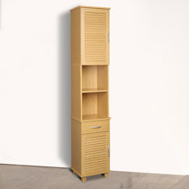 Mahe Slim Storage Cabinet Bamboo-Wood - Freestanding 2-Door Linen Tower with 2-Tier Shelf