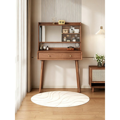 Bureau de coiffeuse minimaliste avec vitrine et tablettes ouvertes