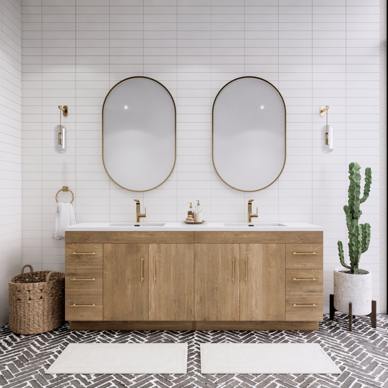 Spring 84" Double Sink Bathroom Vanity, Oak
