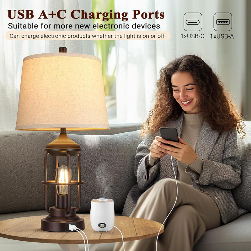 Lampe de table de salon avec ports USB, lampe de chevet à intensité variable à 3 voies avec veilleuse à DEL, table de chevet rustique décor de chambre à coucher (ampoules 2700K incluses)