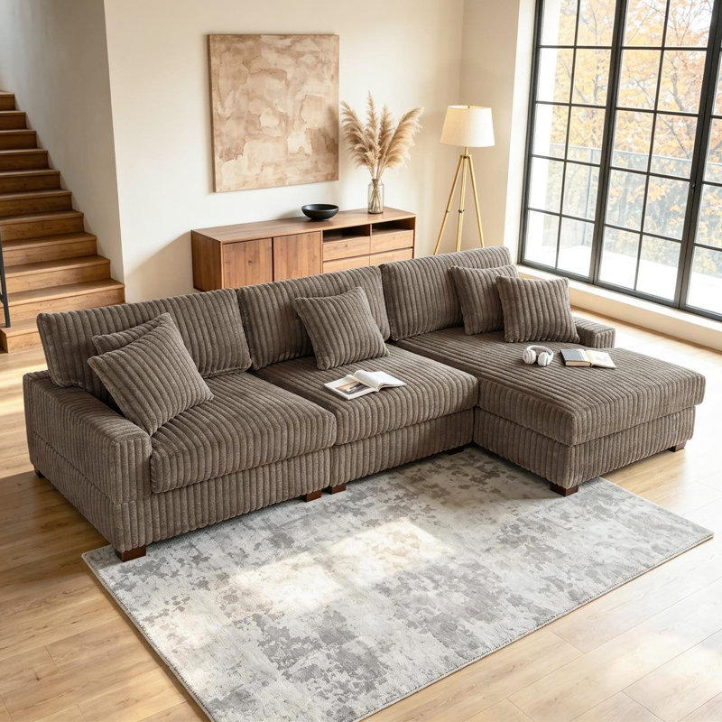3 - Piece Upholstered Light Brown Faux Rabbit Fur Flannel Modular Sectional Sofa with Armrests & Throw Pillows