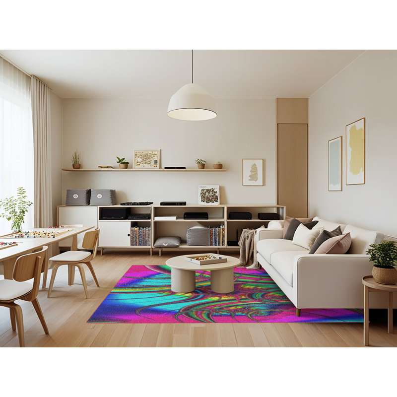 Tapis rose/bleu/vert à tissage électrique, Rectangle 7 pi x 9 pi
