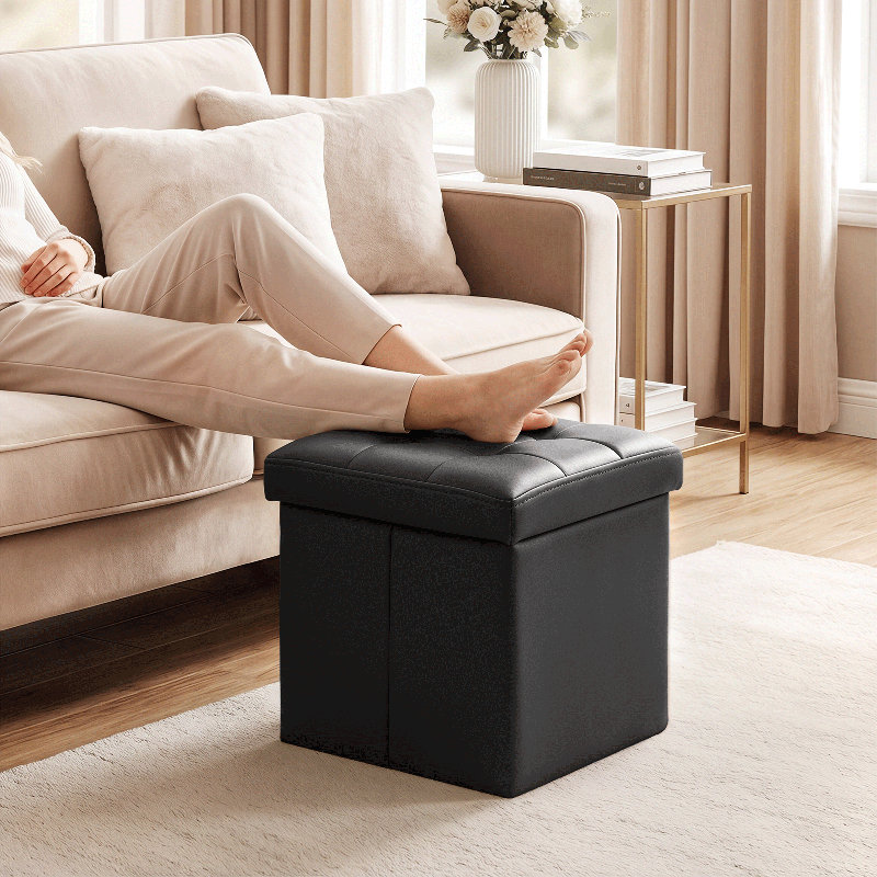 Upholstered Storage Ottoman, PU Leather Tufted Folding Footstool Foot Stool with Foam Padded Seat, Black