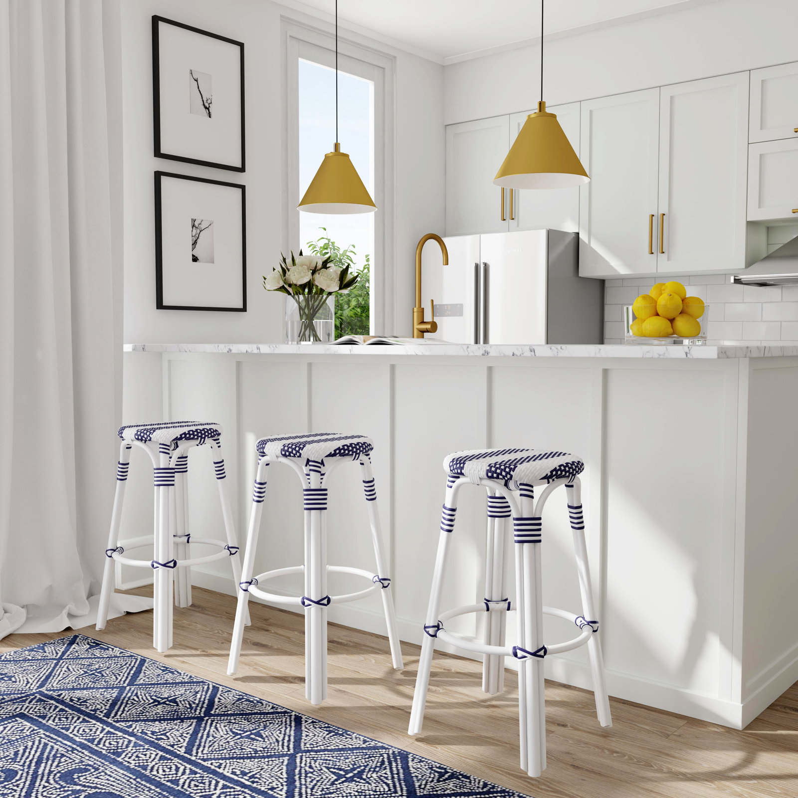 Alastair Bar & Counter Stool, White/Navy Stripe/White Rattan Frame, Bar Stool (30" Seat Height)