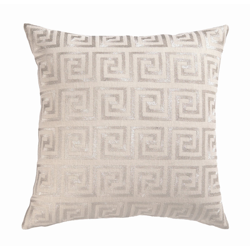 Embroidered Greek Key Linen Throw Pillow, Metallic Silver