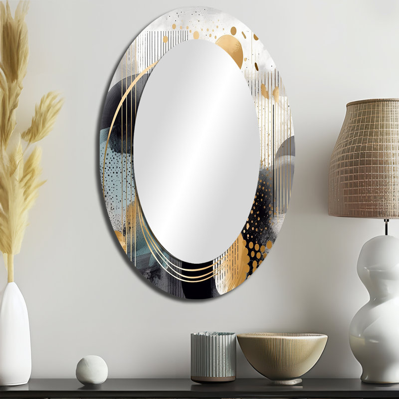 Or et gris formes modernes minimalisme II - miroir décoratif ovale abstrait sur métal, H 36 po x l 24 po