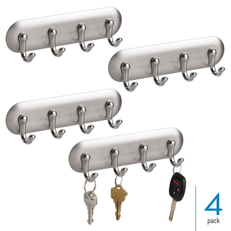 Porte-clés auto-adhésif avec 4 crochets iDesign - Porte-clés pour mur - Ensemble de 4 , Chrome brossé