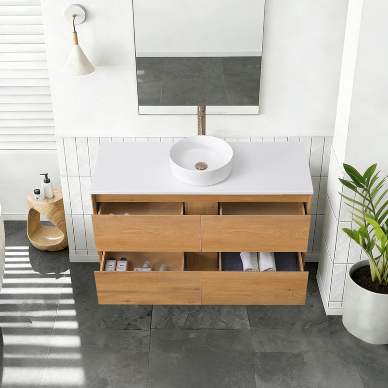 Meuble-lavabo mural moderne avec lavabo vasque et 2 tiroirs Modern, Rond, 48
