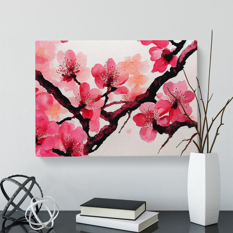 Cherry Blossom Flower Watercolour - Wrapped Canvas Print, 40cm H x 60cm W x 3cm D