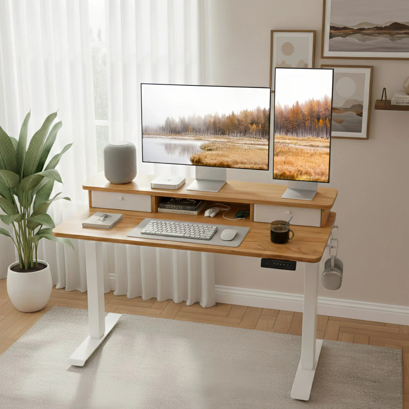 Bureau pour travailler debout à hauteur réglable, H 47,24 po x l 47,24 po x P 23,63 po, Rustique clair / blanc