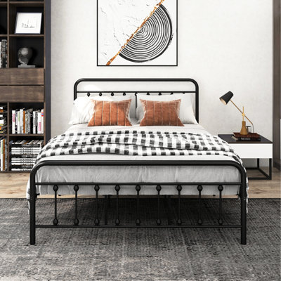 Cadre de lit en métal Queen Size avec tête de lit vintage, sans sommier, support à lattes en acier, silencieux, espace de rangement sous le lit, ressorts, design, lattes, fonctionnement fluide et silencieux