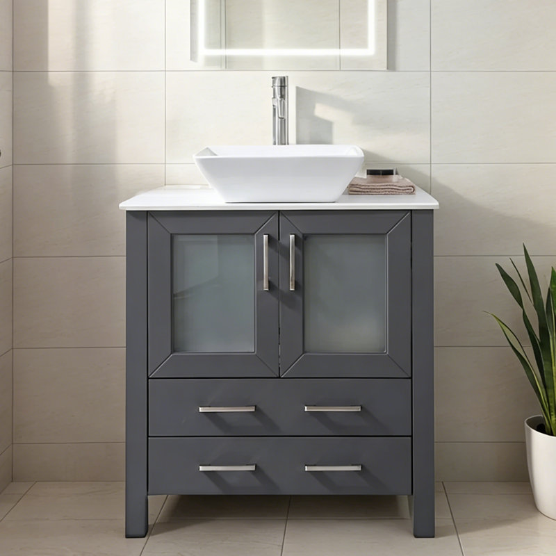 Ensemble de meuble-lavabo autoportant 30 po avec lavabo vasque en céramique 30 po, portes en verre à double nervures et 2 tiroirs de rangement