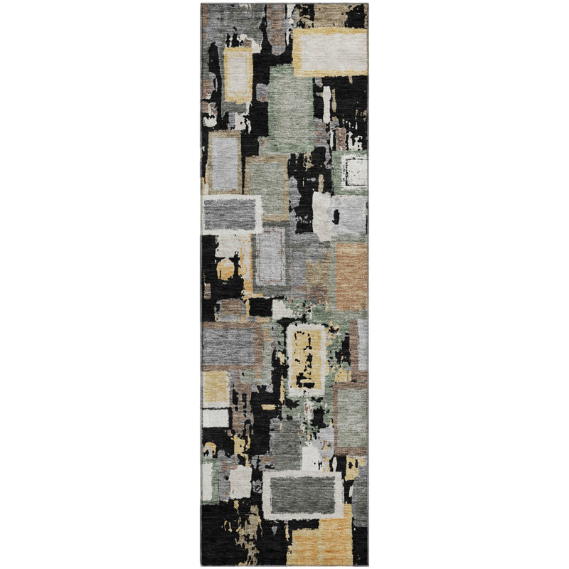 Premium Machine Washable Mayfield AMF2246 Geometric Rug, 2'3" x 7'6" Runner, Black