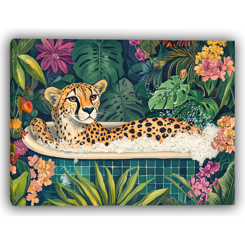 «Cheetah in Bloom - Jungle Bathaign», art mural sur toile tendue