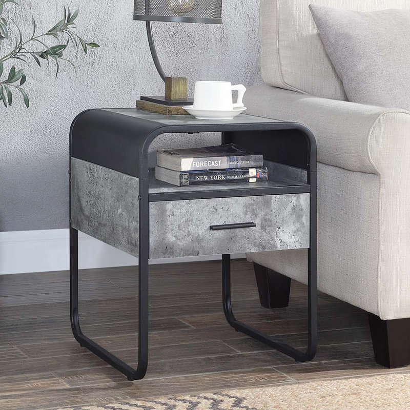 Table de bout en métal avec un tiroir, gris béton et noir
