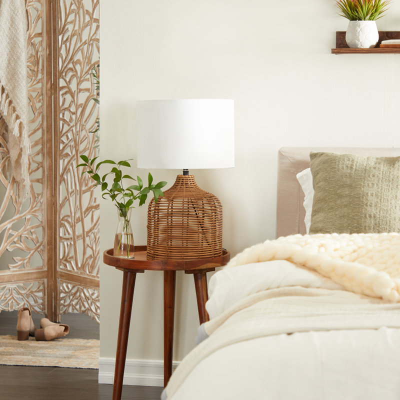 Rattan Handmade Woven Table Lamp with Drum Shade, White, Textured