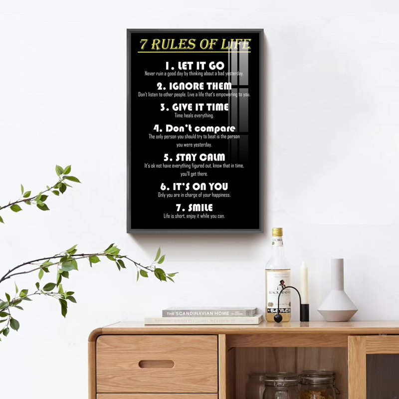«7 Rules of Life», art textuel sur toile, Impression noire sur toile encadrée, H 16 po x l 12 po x P 1,3 po