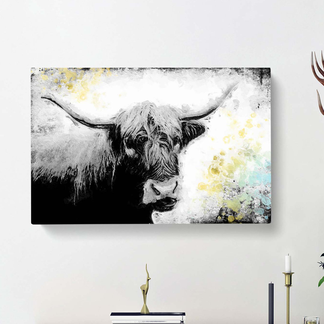 Paint Splattered Highland Cow in Abstract - Wrapped Canvas Painting Print
